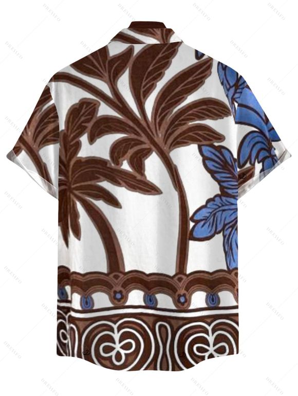 Vacation Couple Outfit Colorblock Tree Printed Spaghetti Strap Dress and Shirt Set - Blanc S | US 4