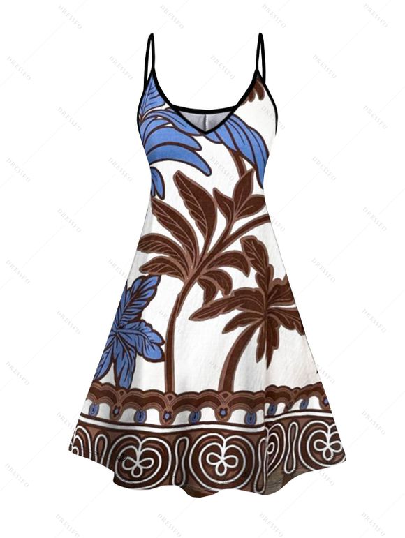 Vacation Couple Outfit Colorblock Tree Printed Spaghetti Strap Dress and Shirt Set - Blanc S | US 4