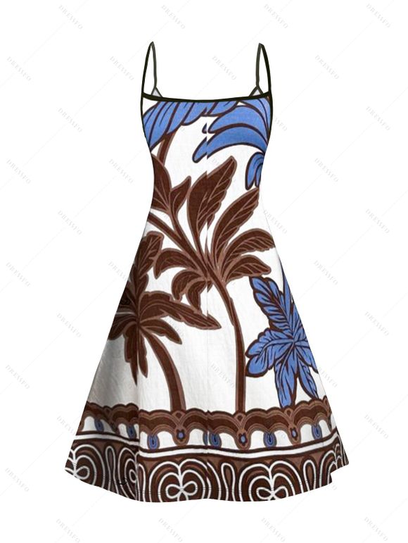 Vacation Couple Outfit Colorblock Tree Printed Spaghetti Strap Dress and Shirt Set - Blanc S | US 4