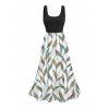Robe de vacances imprimée feuilles, robe midi colorblock - Noir XXL | US 14