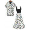 Vacation Couple Outfit Leaf Printed Colorblock Midi Dress and Shirt Set - Vert clair S | US 4