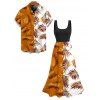 Vacation Couple Outfit Contrast Color Leaf Print Dress and Shirt Set - multicolor S | US 4