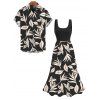 Vacation Couple Outfit Allover Leaf Print Midi Dress and Shirt Set - Noir S | US 4