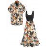 Vacation Couple Outfit Allover Leaf Floral Print Colorblock Dress and Shirt Set - multicolor A S | US 4