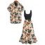 Vacation Couple Outfit Allover Leaf Floral Print Colorblock Dress and Shirt Set - multicolor A S | US 4