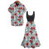 Vacation Couple Outfit Colorblock Allover Floral Leaf Print Dress and Shirt Set - Blanc S | US 4