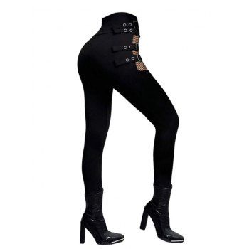 Solid Color Hollow Out Gothic Pants Square Buckle Strap High Waisted Skinny Long Pants
