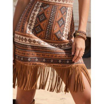 Bohemian Dress Geometric Print Tassel Spaghetti Strap Mini Dress