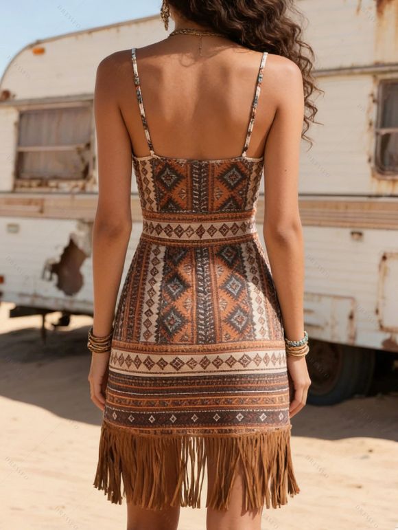 Robe bohème à imprimé géométrique, à franges et bretelles spaghetti, mini-robe - Brun XXL | US 14