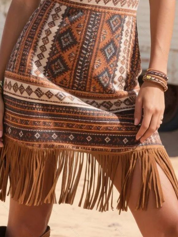 Robe bohème à imprimé géométrique, à franges et bretelles spaghetti, mini-robe - Brun XXL | US 14