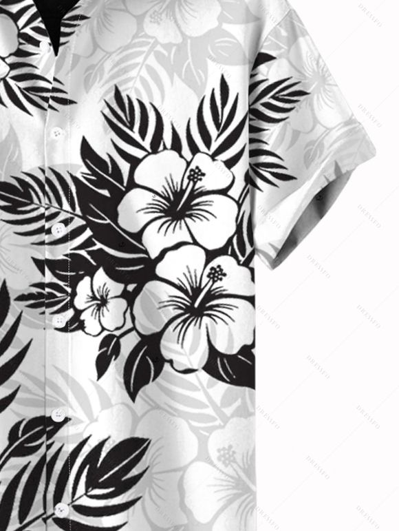 Chemise de vacances pour homme, imprimé floral et feuilles, col rabattu - Blanc 5XL
