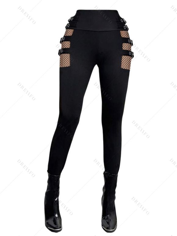 Pantalon gothique uni ajouré à boucle carrée et ceinture taille haute, pantalon skinny long - Noir XS | US 2