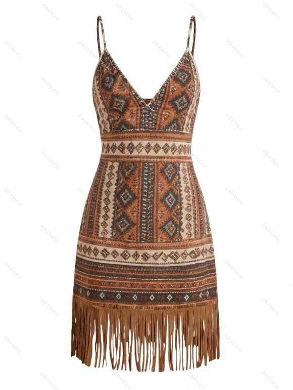Robe bohème à imprimé géométrique, à franges et bretelles spaghetti, mini-robe - Brun XXL | US 14