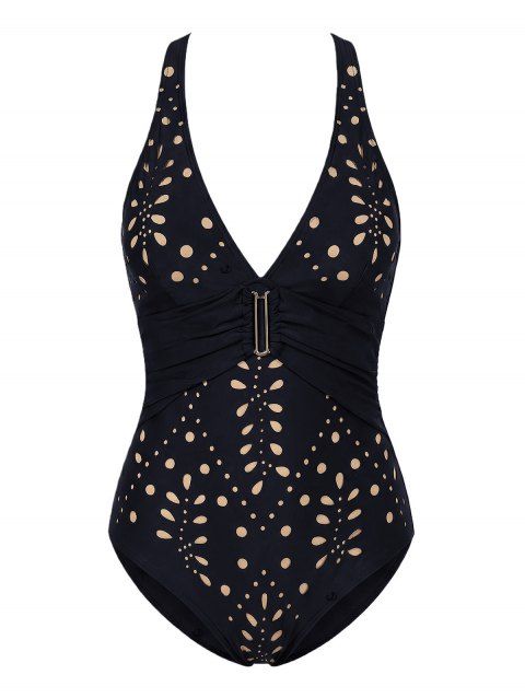 Maillot de bain une pièce de plage à décolleté plongeant géométrique et fronces croisées