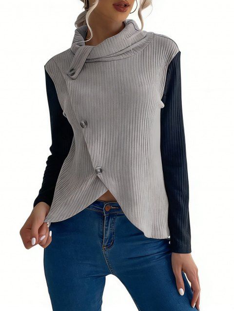 Pull colorblock en maille à faux boutons et col châle