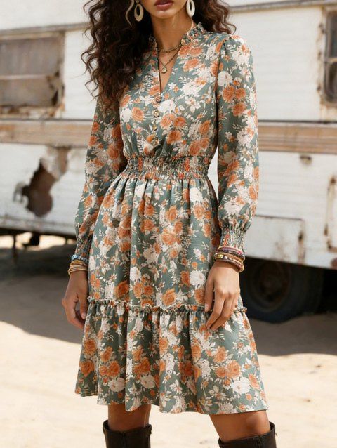 Robe de vacances imprimée de fleurs, à volants et col en V