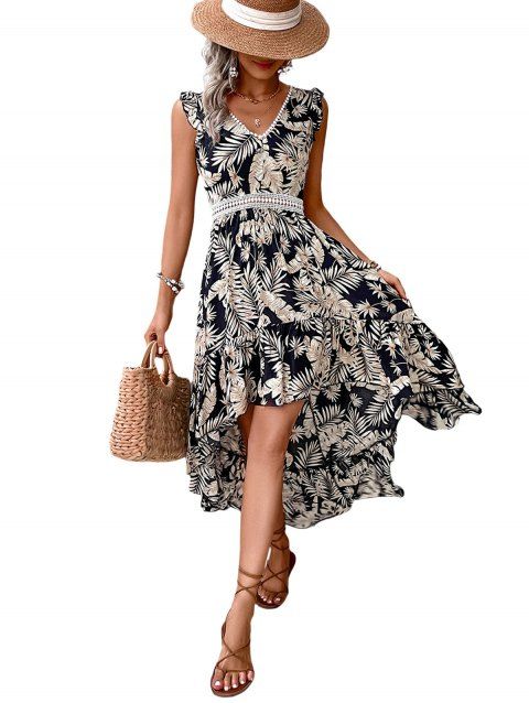 Robe de vacances imprimée de fleurs tropicales et de feuilles, robe asymétrique ajourée