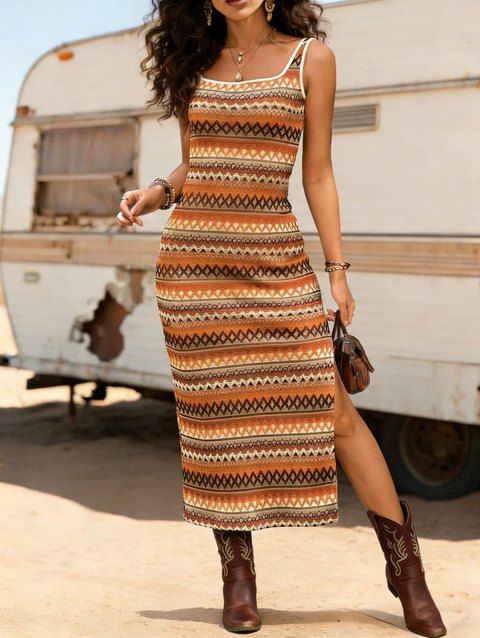 Robe longue fendue à imprimé ethnique zigzag, idéale pour les vacances
