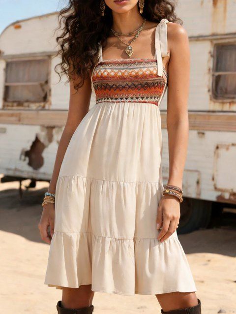 Robe de vacances à imprimé ethnique en zigzag, robe à volants avec nœud papillon