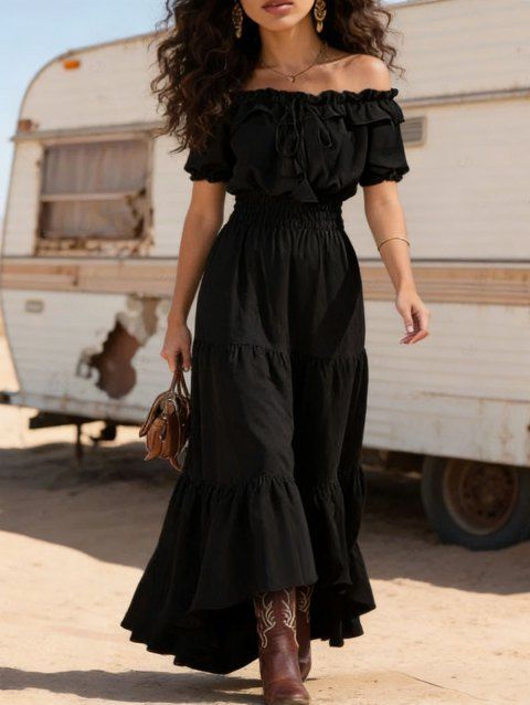 Robe de vacances unie à volants, épaules dénudées et manches bouffantes