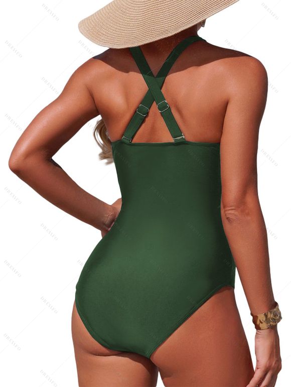 Maillot de bain une pièce de plage à décolleté plongeant géométrique et fronces croisées - Vert clair XL | US 10
