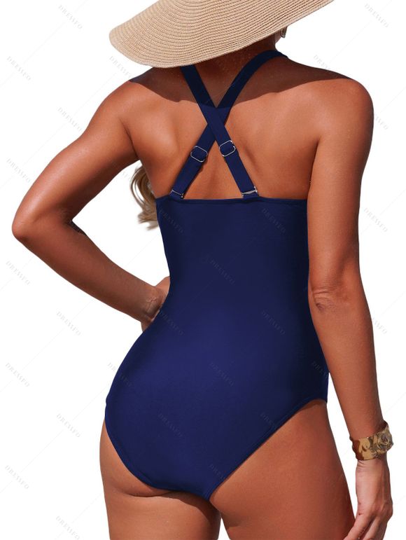 Maillot de bain une pièce de plage à décolleté plongeant géométrique et fronces croisées - Bleu de Minuit XL | US 10