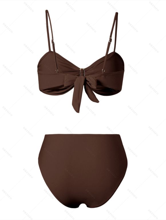 Ensemble maillot de bain de plage avec ornement métallique, nœud papillon dans le dos, culotte taille haute - Brun XL | US 10