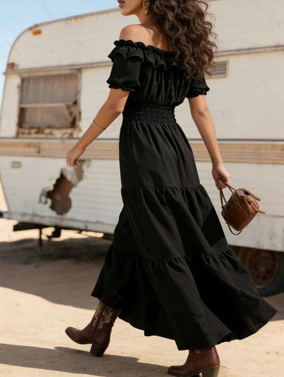 Robe de vacances unie à volants, épaules dénudées et manches bouffantes - Noir XL | US 10