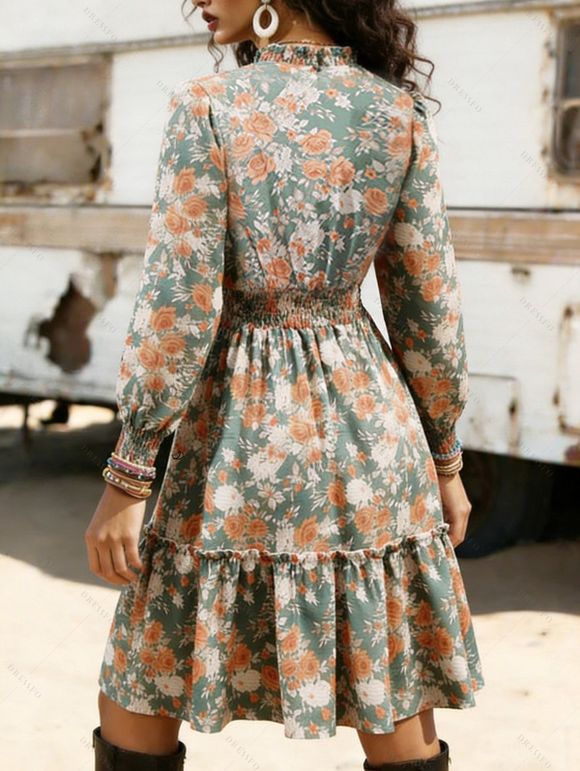 Robe de vacances imprimée de fleurs, à volants et col en V - Vert clair XL | US 10