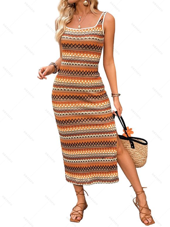 Robe longue fendue à imprimé ethnique zigzag, idéale pour les vacances - Orange XL | US 10