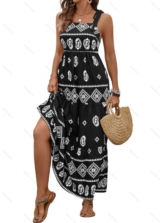 Robe ethnique à imprimé géométrique et nœud papillon, robe de vacances - Noir XL | US 10