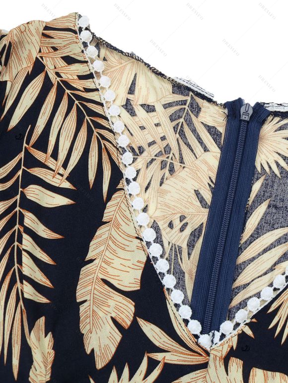 Robe de vacances imprimée de fleurs tropicales et de feuilles, robe asymétrique ajourée - Noir XL | US 10