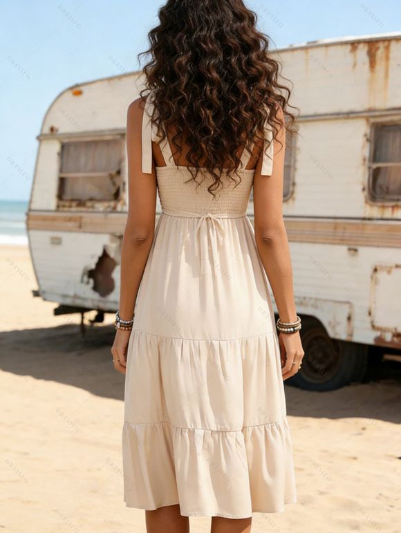 Robe de vacances à imprimé ethnique en zigzag, robe à volants avec nœud papillon - café lumière XL | US 10