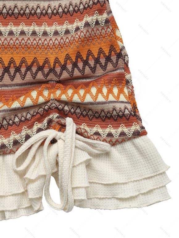 Robe de vacances vintage à imprimé ethnique zigzag et nœud papillon, mini-robe à volants - Orange XL | US 10