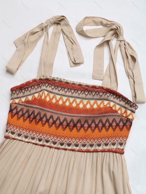 Robe de vacances à imprimé ethnique en zigzag, robe à volants avec nœud papillon - café lumière XL | US 10