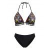 Ensemble maillot de bain bikini de plage à imprimé cachemire, dos nu à franges et culotte échancrée - Noir XL | US 10