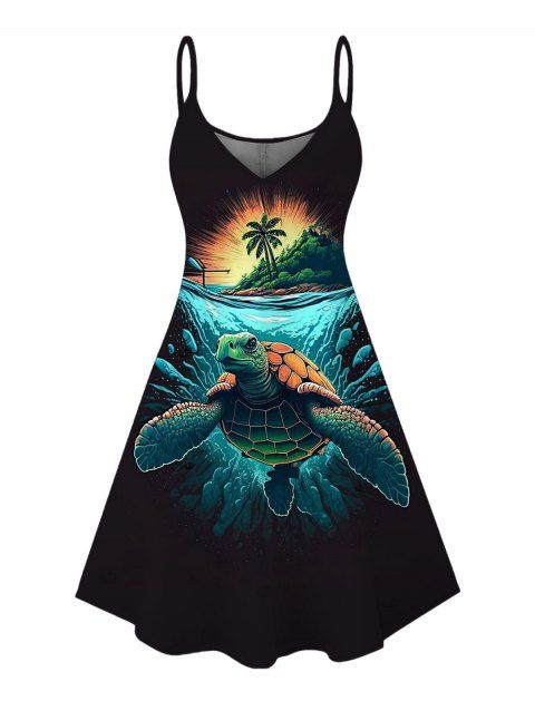 Robe de vacances à imprimé tortue et paysage de plage, bretelles spaghetti