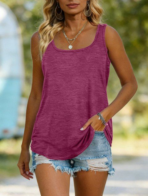 Débardeur chiné à ourlet arrondi et col carré, style décontracté