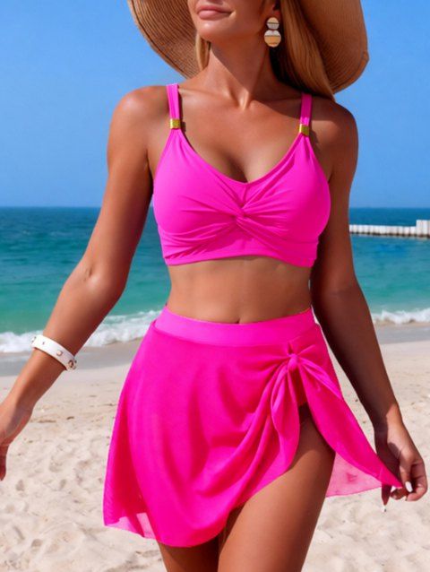 Maillot de bain tankini de plage uni avec jupe à nœud papillon torsadé, maillot de bain de vacances