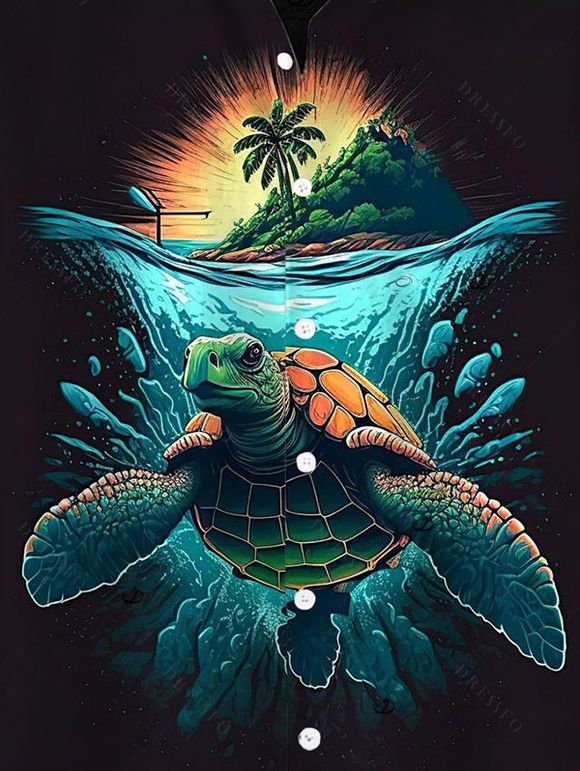 Chemise de vacances pour homme, imprimé paysage de plage avec tortues, chemise boutonnée - Noir 5XL