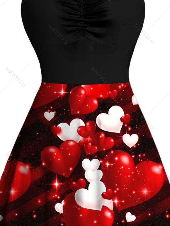 Robe de Saint-Valentin à imprimé cœurs colorés et fronces colorblock - Rouge Vineux XXXXXL | US 20