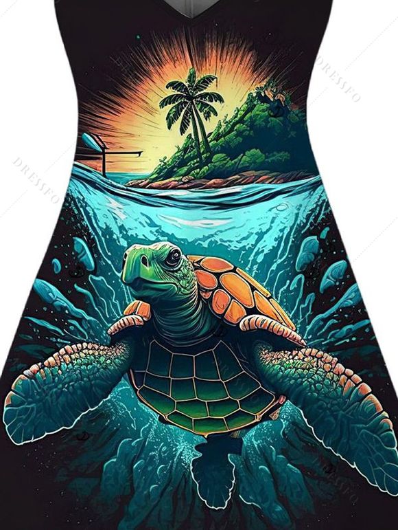 Robe de vacances à imprimé tortue et paysage de plage, bretelles spaghetti - Noir XXXXXL | US 20