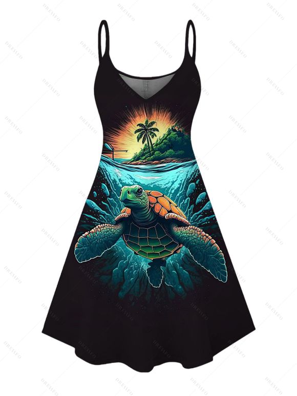 Vacation Couple Outfit Turtle Beach Landscape Print Dress and Shirt Set - Noir S | US 4