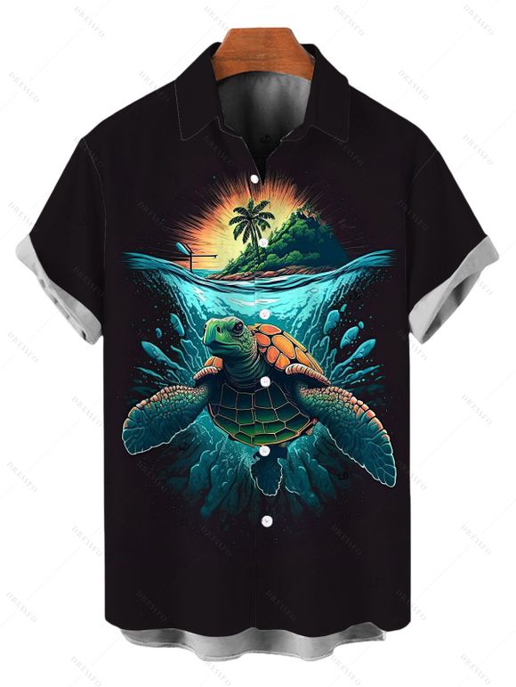 Vacation Couple Outfit Turtle Beach Landscape Print Dress and Shirt Set - Noir S | US 4