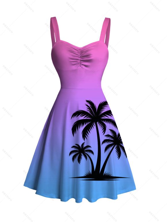 Beach Couple Outfit Coconut Tree Print Ombre Ruched Dress and Shirt Set - multicolor S | US 4