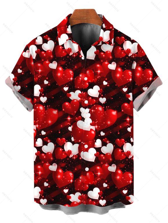 Valentine's Day Couple Outfit Colored Heart Print Ruched Dress and Shirt Set - Rouge Vineux S | US 4