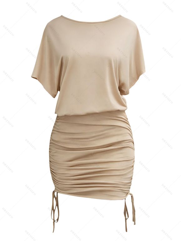 Robe unie froncée et cintrée à manches chauve-souris, mini-robe - Abricot XXL | US 14