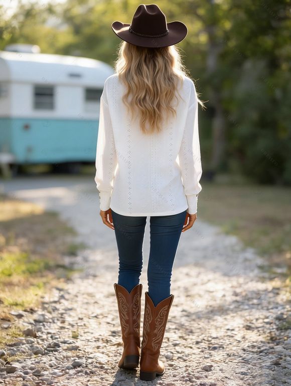 Chemisier uni à faux boutons ajourés et col en V - Blanc XXL | US 12