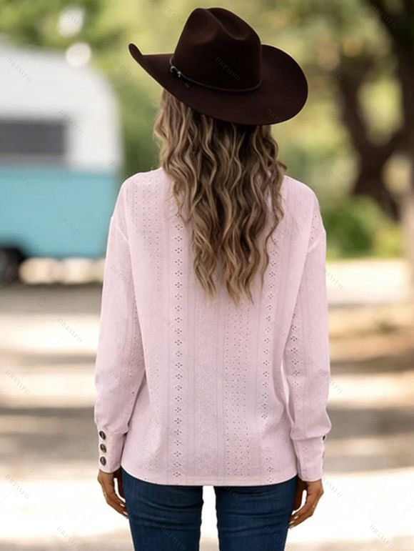 Chemisier uni à faux boutons ajourés et col en V - Rose L | US 8