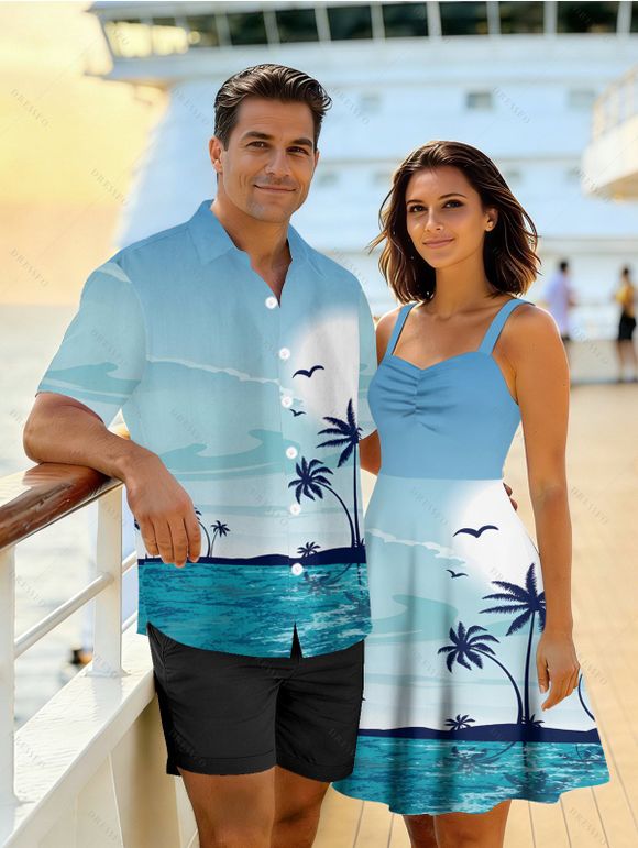 Beach Vacation Couple Outfit Coconut Tree Print Ruched Mini Dress and Shirt Set - Bleu clair S | US 4